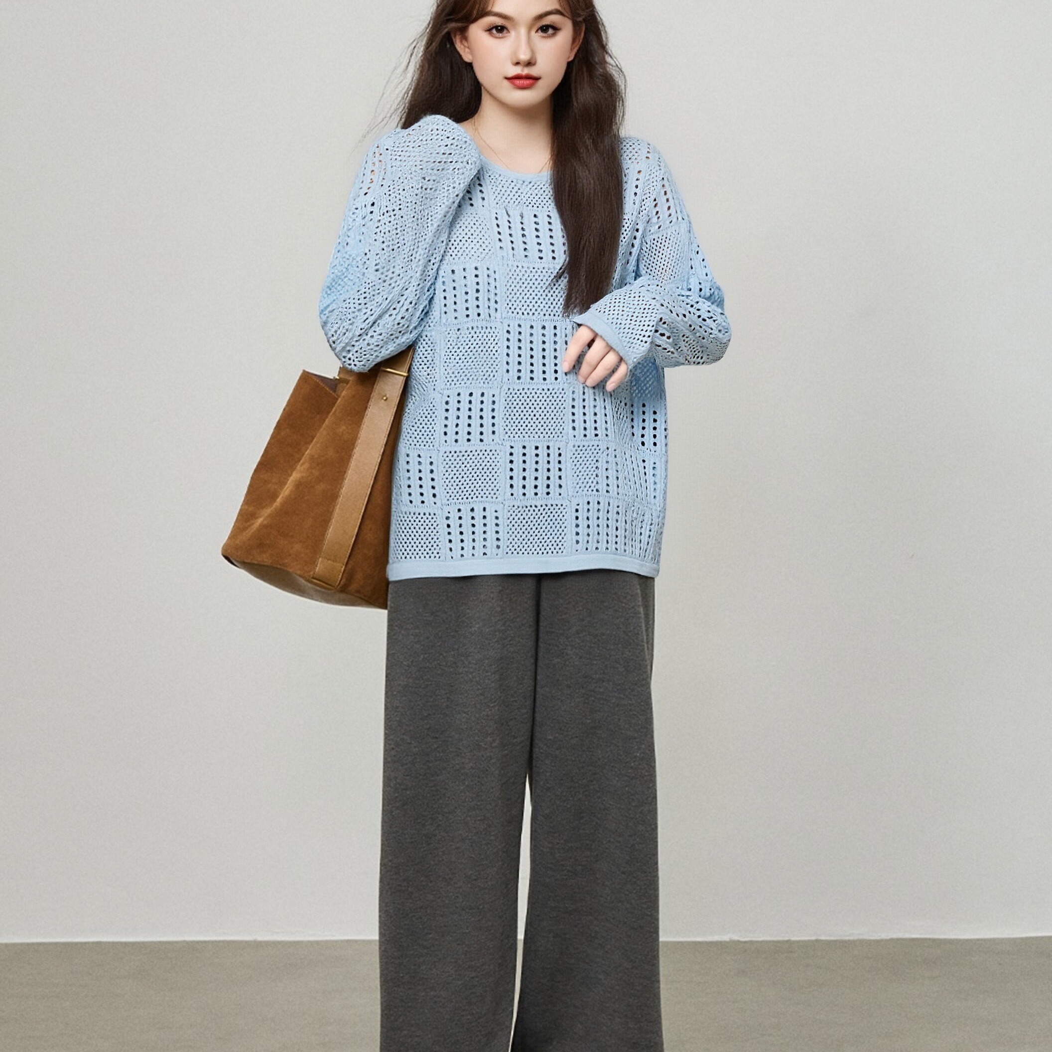大码女装设计感镂空上衣女圆领外搭罩衫2025秋新款胖mm宽松针织衫