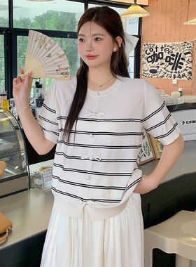 大码女装圆领盘扣上衣女显瘦条纹衫2026夏款胖mm针织短袖t恤22370
