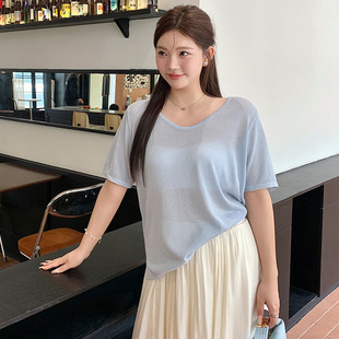 女短袖 针织衫 清仓 冰丝上衣 u领休闲百搭宽松t恤2024夏胖mm薄款