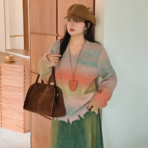 大码女装设计感不规则上衣女渐变色毛衣2024冬胖mm宽松长袖针织杉