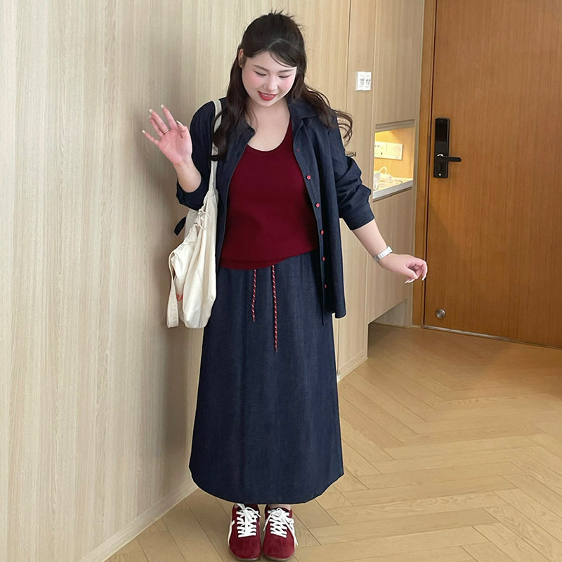 大码女装休闲气质牛仔套装2026春款胖mm开衫女半身裙两件套NT1393