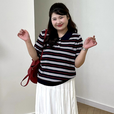 大码女装气质娃娃领上衣女显瘦条