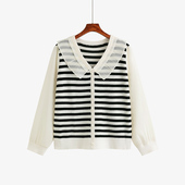 大码 胖mm显瘦遮肉针织衫 拼接蕾丝娃娃领甜美上衣女条纹衫 2024秋款