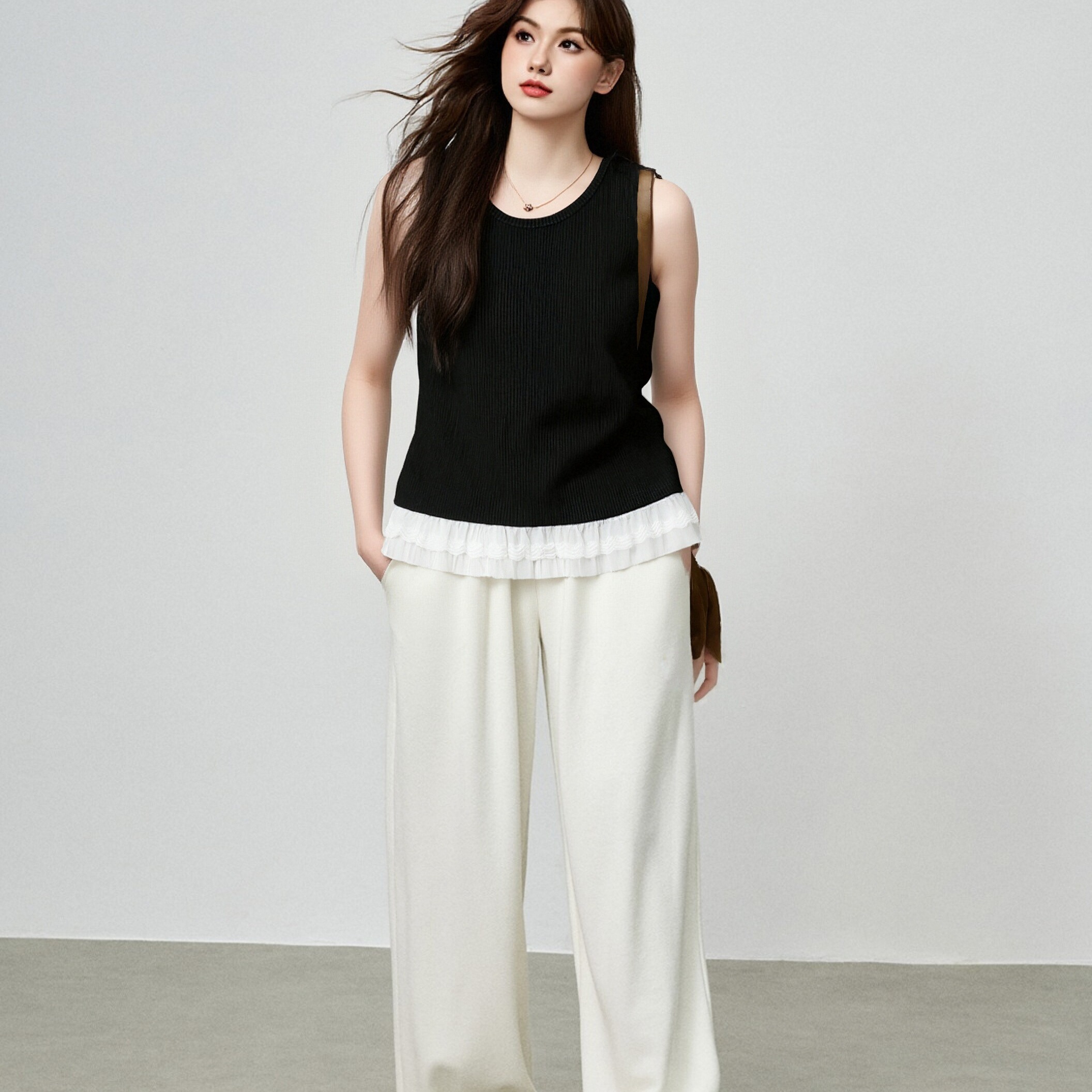 大码女装圆领拼接花边无袖上衣女针织衫秋季2025新款胖mm宽松背心