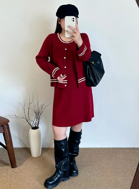 大码女装气质小香风针织套装2025冬胖mm连衣裙女开衫两件套23620