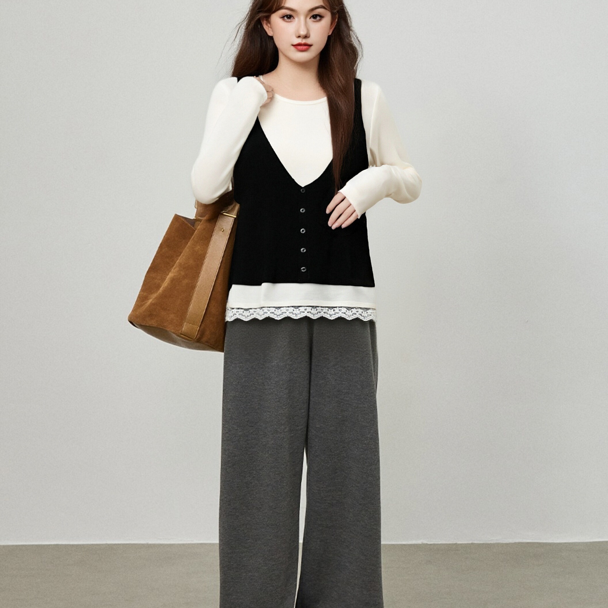 大码女装圆领假两件上衣2025秋冬新款胖mm显瘦撞色针织衫女