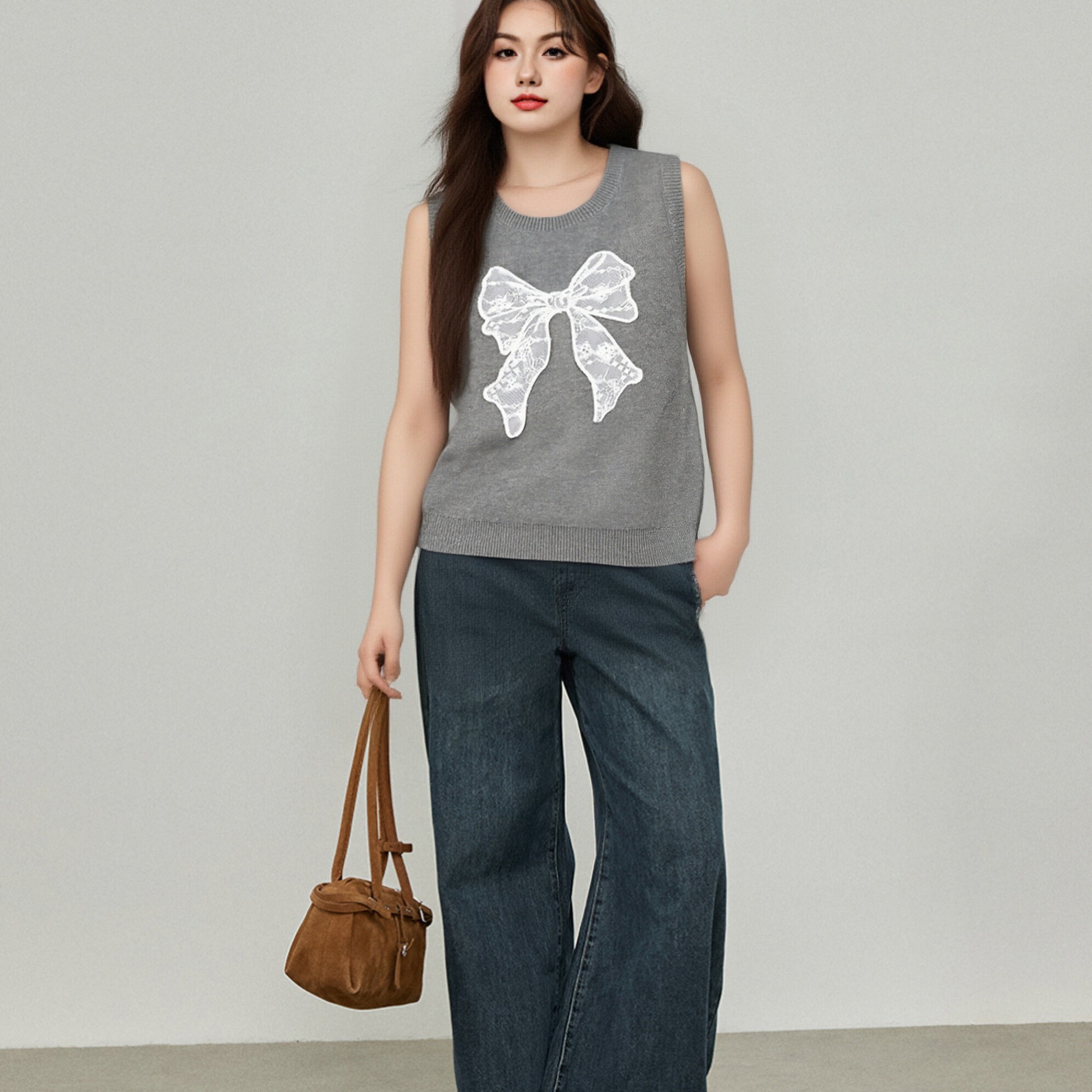 大码女装蕾丝蝴蝶结针织马甲女2025秋季新款胖mm外穿内搭无袖上衣