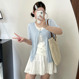 2025夏胖mm撞色休闲宽松针织衫 大码 开衫 女装 圆领假两件上衣女短袖