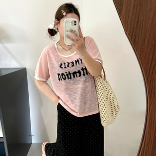 女短袖 大码 胖mm休闲宽松针织衫 女装 t恤 设计感假两件上衣2025夏款