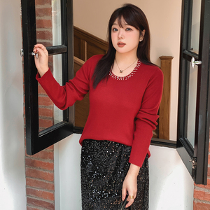 大码女装设计感钉珠u领上衣女内搭打底衫2024秋冬胖mm宽松针织衫