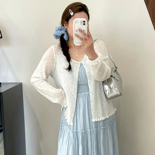女装 长袖 大码 圆领木耳边上衣女薄款 外套2025夏款 胖mm宽松针织开衫