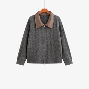 女2025冬胖mm宽松百搭休闲外套23300 polo领拼接针织开衫 大码 女装