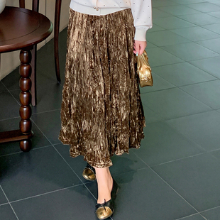 【清仓】气质复古丝绒半身裙女秋冬2024新款高级感气质开叉a字裙