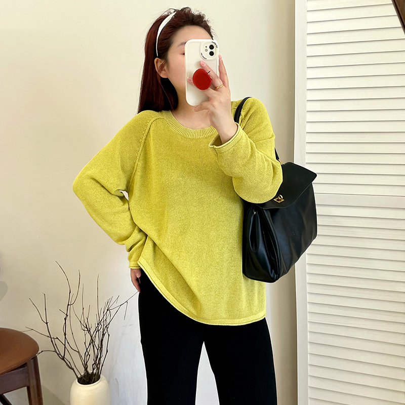 大码女装圆领插肩袖针织衫女长袖上衣2025秋款胖mm百搭宽松套头衫