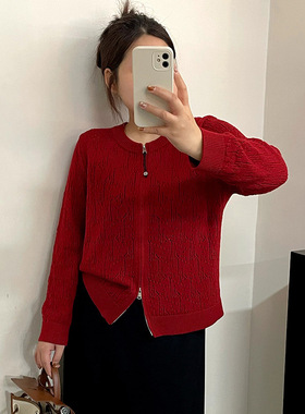 大码女装圆领双拉链外套女休闲上衣2026春胖mm宽松针织开衫23907