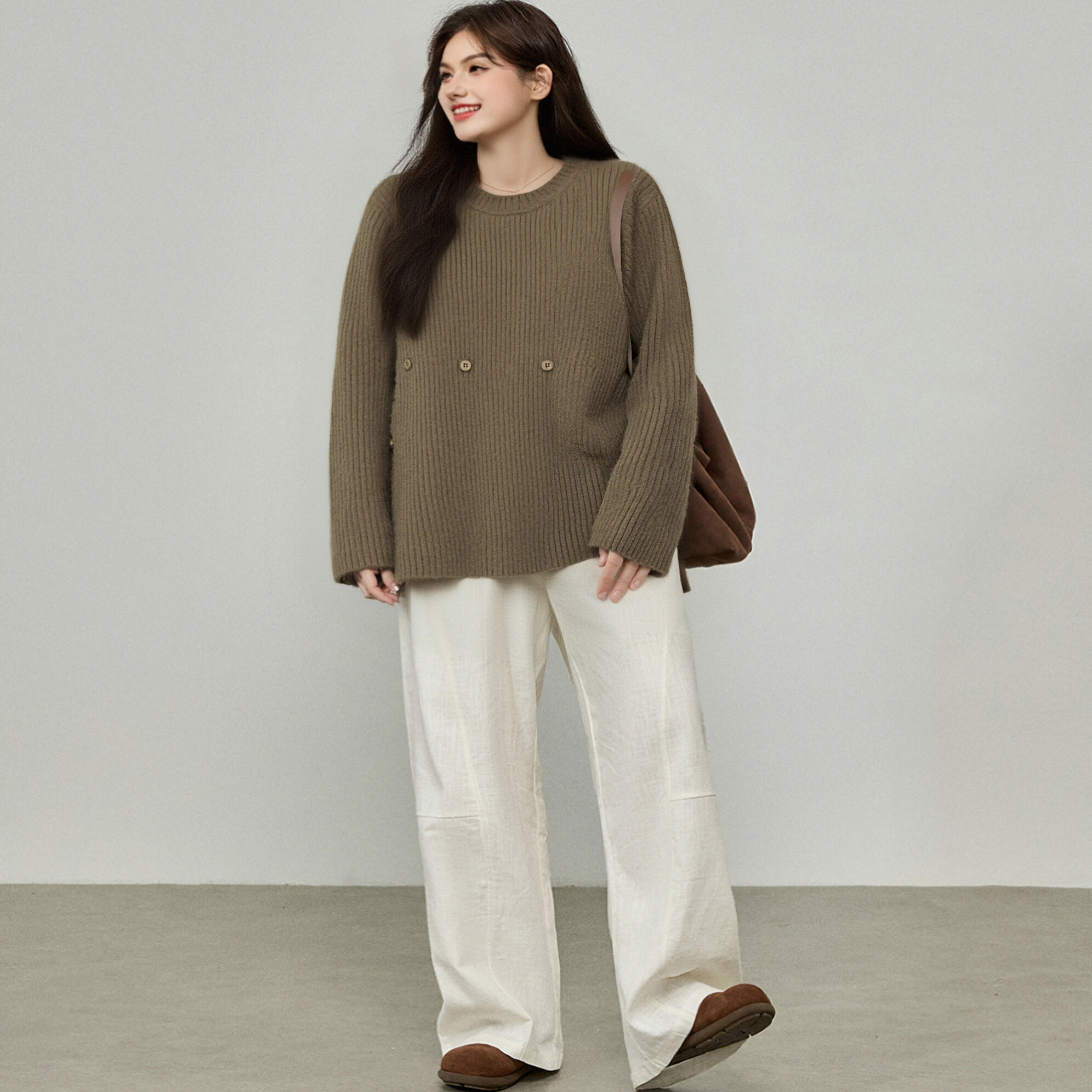 【清仓】圆领套头加厚毛衣女冬季2023胖mm宽松内搭慵懒针织衫上衣