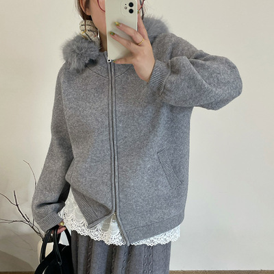大码女装毛领连帽外套女毛衣2025