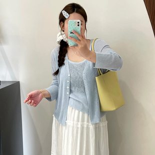 女装 外套女内搭吊带两件套2025夏季 大码 V领长袖 胖mm薄款 针织套装