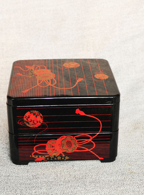 日本复古黑色漆器盒花卉纹样收纳盒西洋古董风装饰摆件