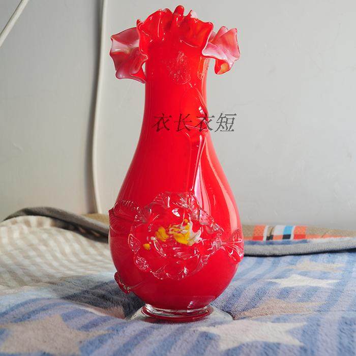 老式红色玻璃琉璃花瓶60-70年代物品