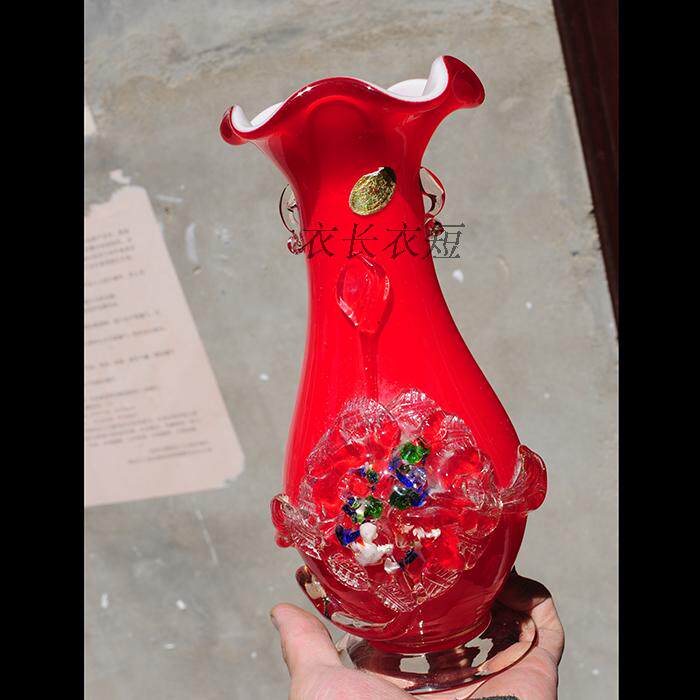 红色玻璃琉璃花瓶60-70年代老花瓶