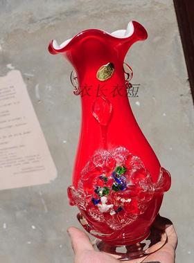 红色玻璃琉璃花瓶60-70年代老花瓶