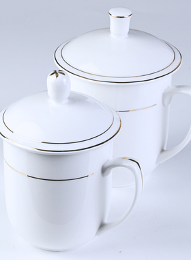 陶瓷杯带盖子金边酒店客房专用水杯白色茶杯会议杯陶瓷介杯子定制