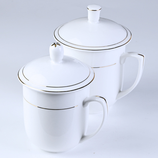 陶瓷杯带盖子金边酒店客房专用水杯白色茶杯会议杯陶瓷介杯子定制