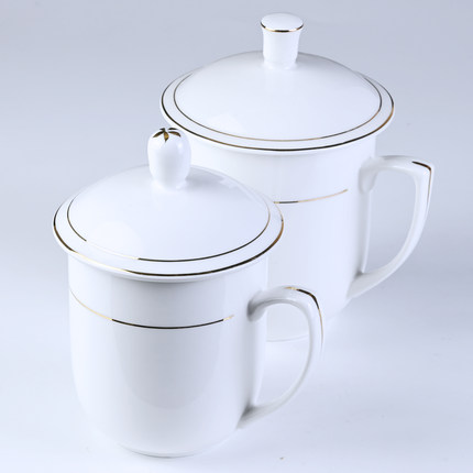 陶瓷杯带盖子金边酒店客房专用水杯白色茶杯会议杯陶瓷介杯子定制
