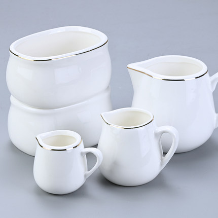 陶瓷奶罐糖盅纯白奶盅咖啡厅配套奶茶店金边方糖罐小奶杯陶瓷奶壶