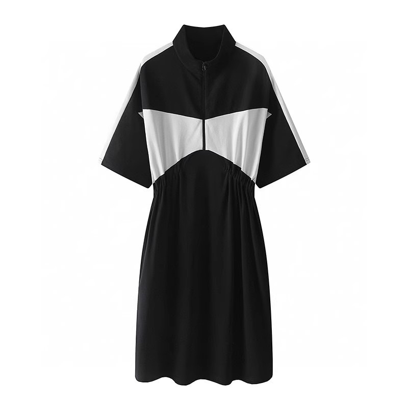连衣裙 春季女装新品黑白撞色拼接拉链运动休闲风气质休闲潮T恤裙