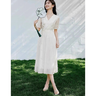 连衣裙 夏季女装新款V领精美刺绣印花新中式典雅茶歇裙气质中长裙