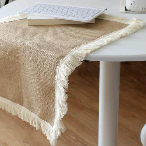 粗麻布花边垫子流苏桌旗自然淳朴风黄麻布拍摄影道具背景布桌垫布