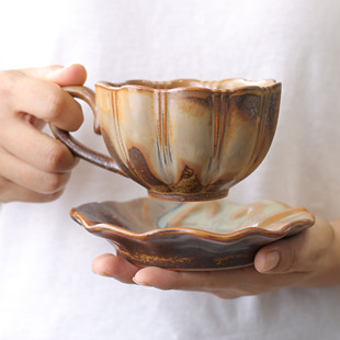 景德镇大容量柴烧咖啡杯 手工陶瓷女士带碟下午茶家用水杯马克杯