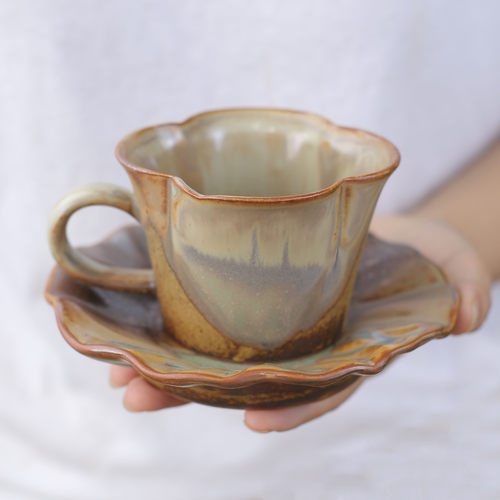 柴烧咖啡杯手工陶瓷带碟礼品