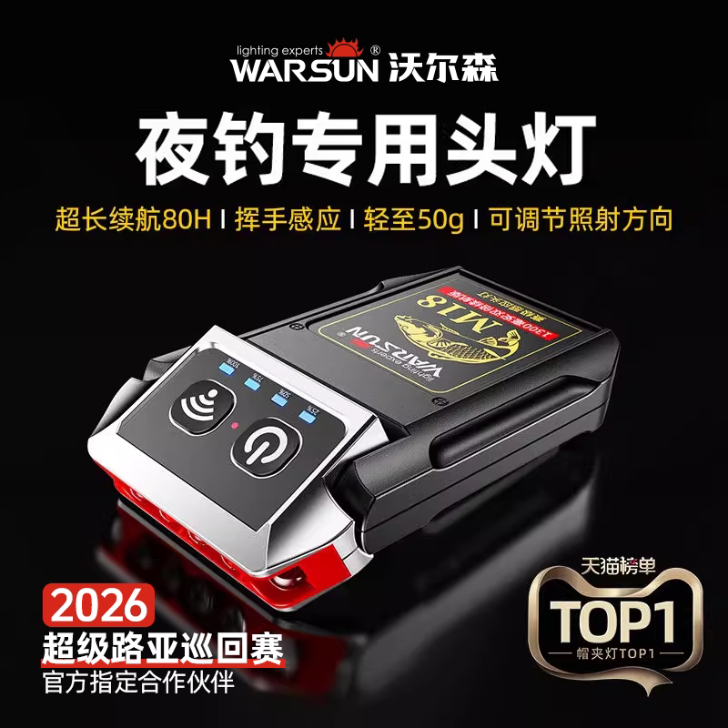 沃尔森夜钓头灯超长续航钓鱼专用感应帽夹灯强光超亮充电头戴夹帽