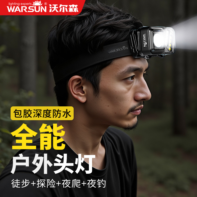 沃爾森頭燈強光感應戶外登山夜釣