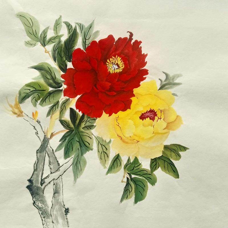 新中式牡丹斗方纯手画宣纸国画花鸟花开富贵客厅书房玄关装饰字画