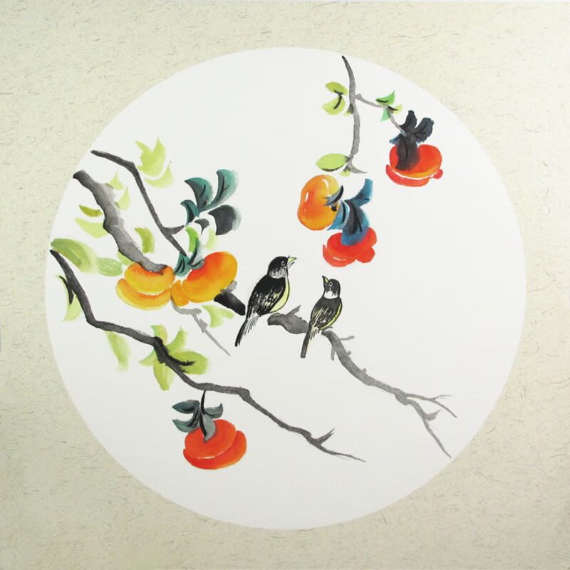 手绘柿子国画儿童房间餐厅简约装饰画装裱事事如意挂