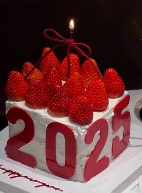 你好2025新年草莓蛋糕装饰红色亚克力插牌除夕夜春节跨年装扮插件