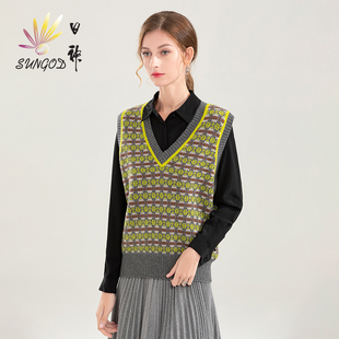 日神中老年妈妈V领羊绒针织背心女2025秋冬新款无袖提花打底毛衣