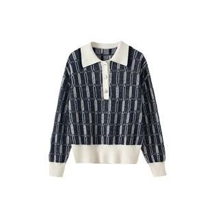 日神新款翻领纯羊绒衫女复古条纹套头毛衣休闲百搭螺纹打底针织衫