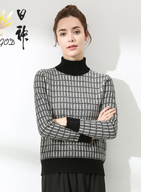 Sungod/日神纯羊绒衫女秋冬季新款半高领长袖条纹针织衫保暖毛衣