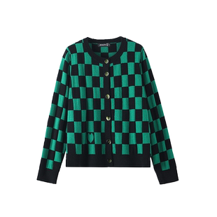 日神2025新款格子提花羊绒衫女100纯山羊绒开衫外套撞色针织毛衣