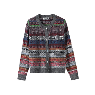 日神2025早秋新款提花羊绒开衫女纯羊绒复古民族风针织衫外套