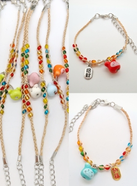 陶瓷小兔子手链幸运草拉菲草许愿手链草编民族饰品女生