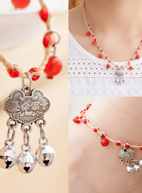 饰品民族风拉菲草项链长命锁