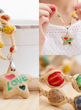 景区地摊货源拉菲草草编纯手工民族饰品陶瓷项链毛衣链星星