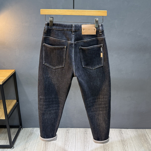 冬季加绒牛仔裤男简约百搭修身小脚微垮锥形显瘦抓绒保暖加厚九分