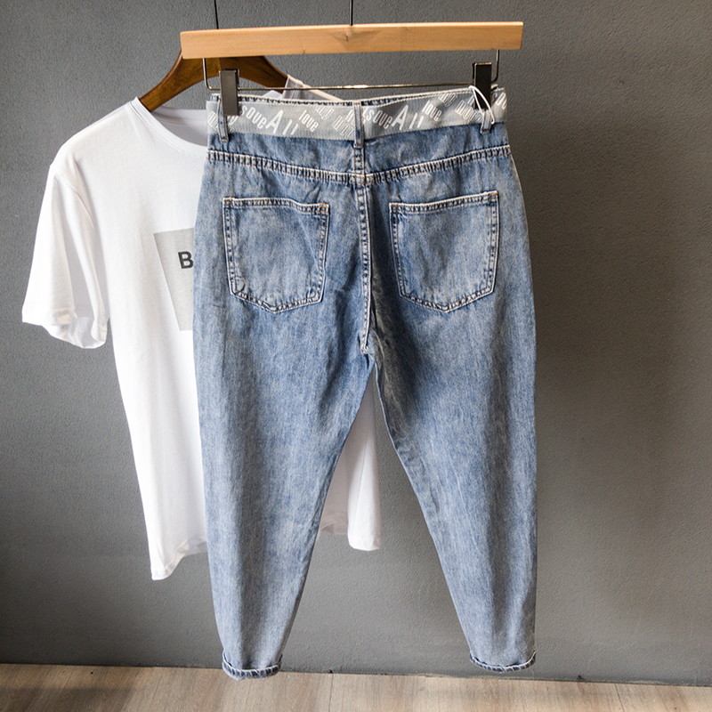 潮牌锥形弹力牛仔裤男九分裤